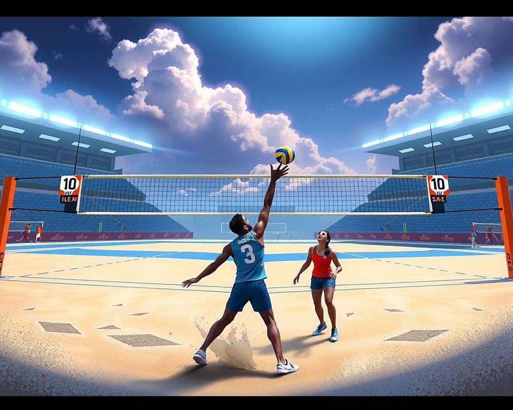 Concept art for upcoming India Volleyball Arena beach volleyball update with India Volleyball Arena watermark