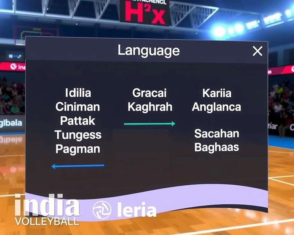 India Volleyball Arena showing language selection screen with various Indian languages with India Volleyball Arena watermark