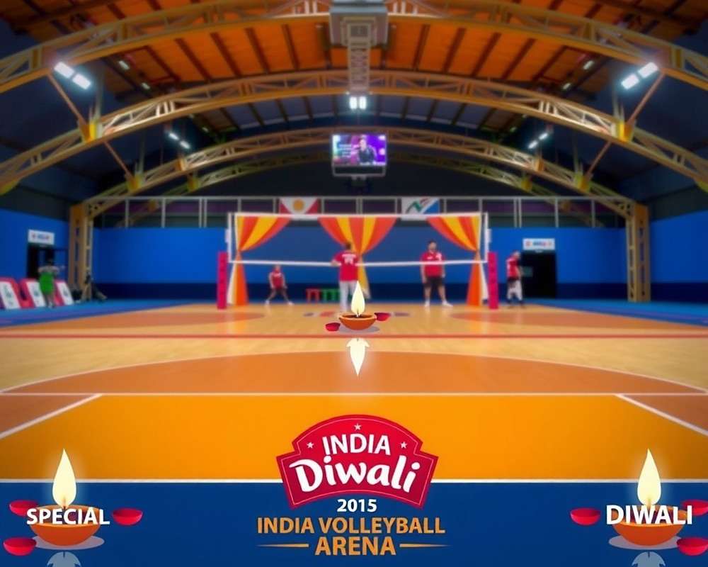 India Volleyball Arena Diwali special event showing festive court decorations with India Volleyball Arena watermark