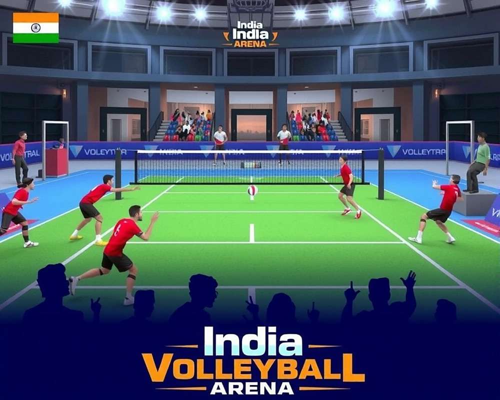 India Volleyball Arena game screenshot showing a volleyball match between Indian teams with India Volleyball Arena watermark