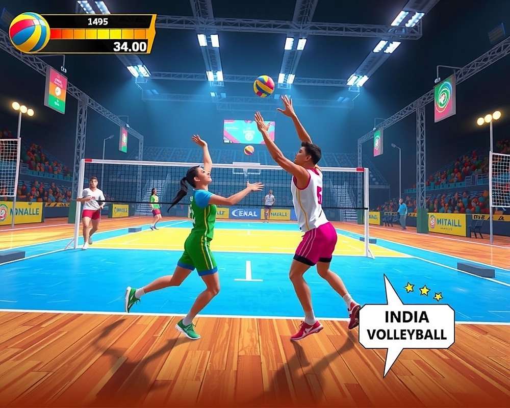 India Volleyball Arena gameplay showing realistic volleyball mechanics with India Volleyball Arena watermark