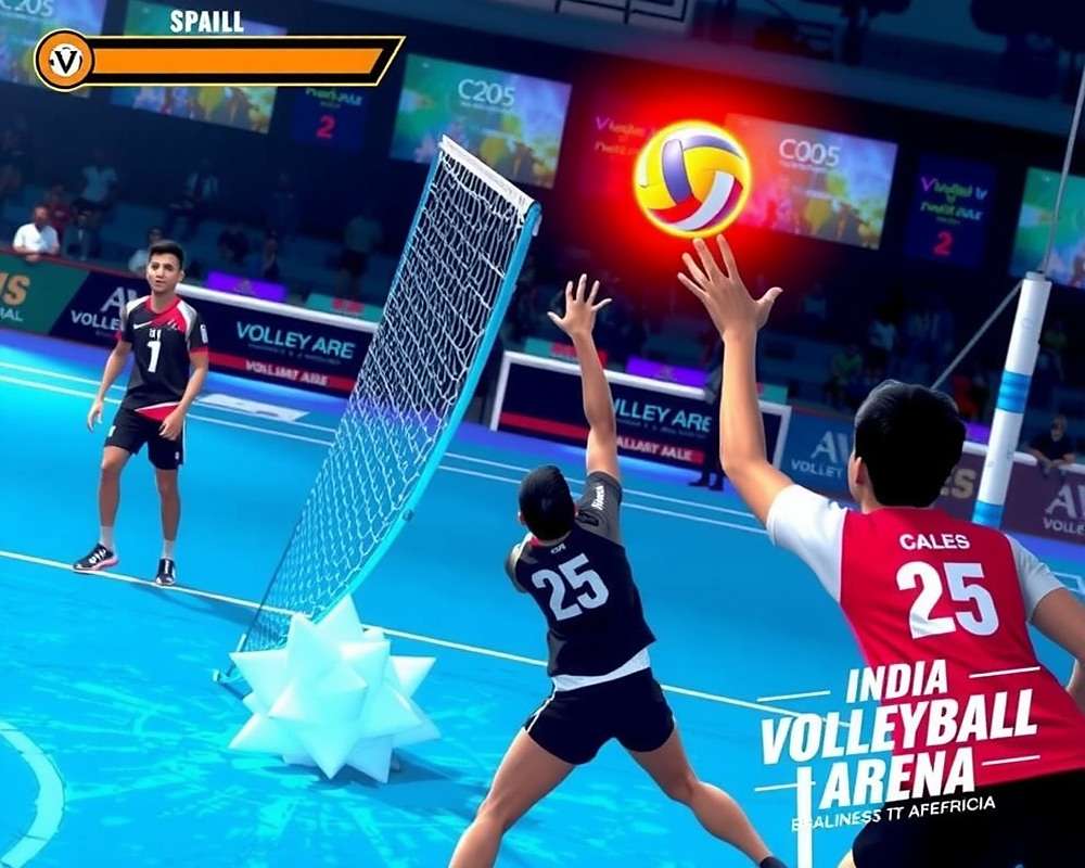 India Volleyball Arena gameplay showing advanced spike technique with India Volleyball Arena watermark